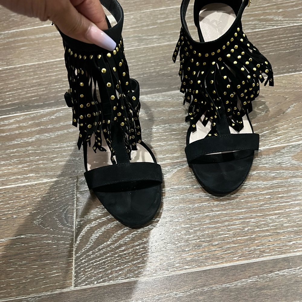 Black Fringe with Gold Stud Sandals - Women